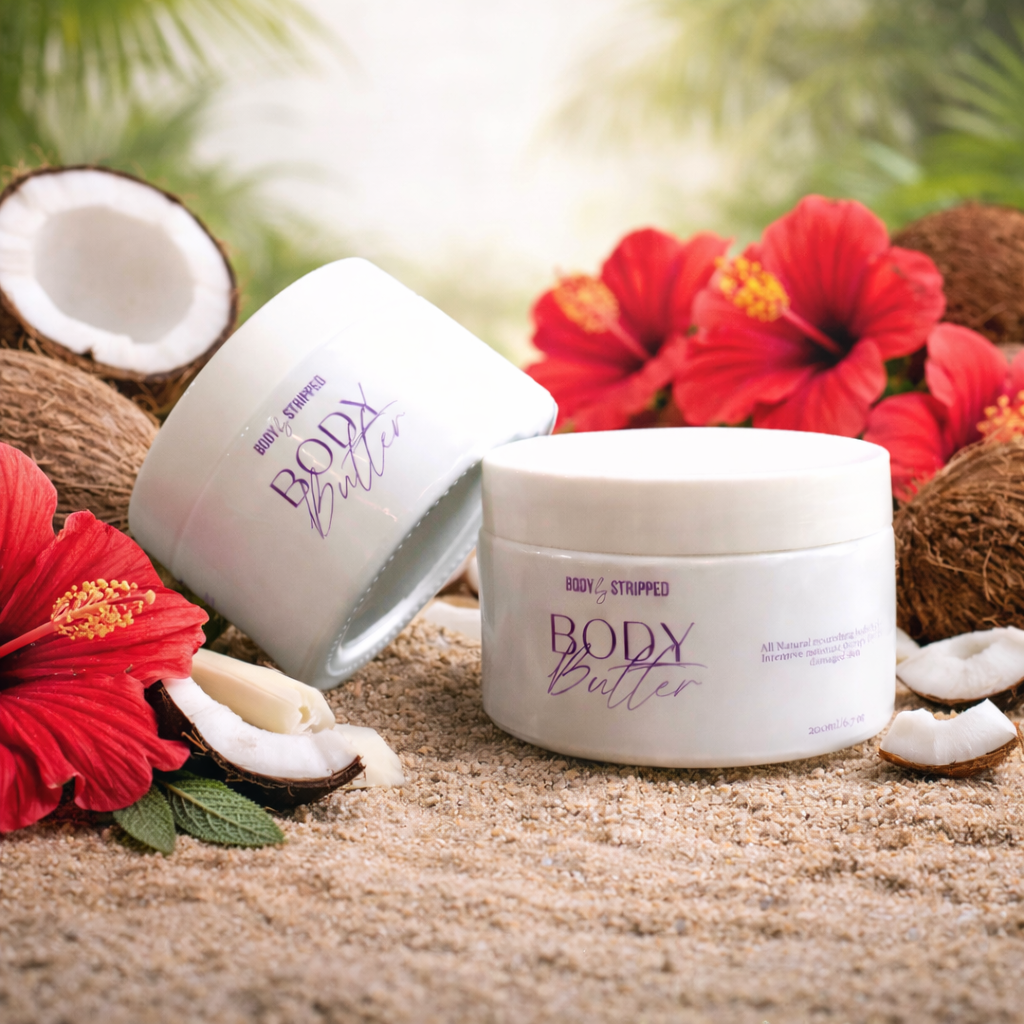 Two jars of body butter with coconuts background