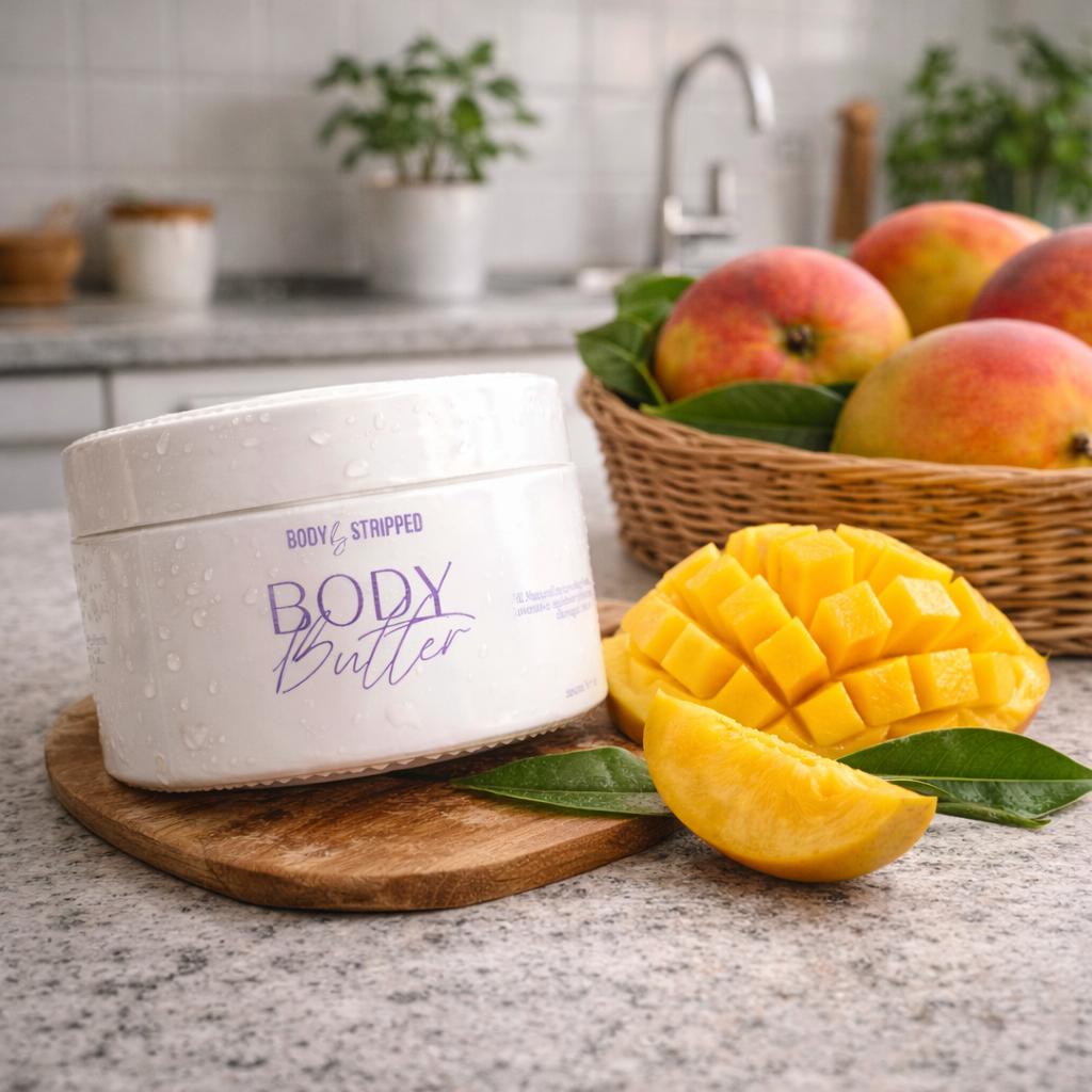 Body butter container with a sliced mango on a counter