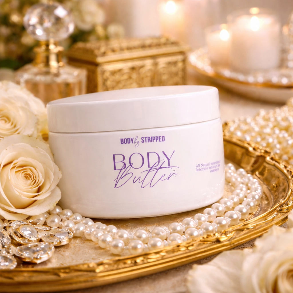 Pretty and Rich Body butter container with roses and pearls on a decorative tray